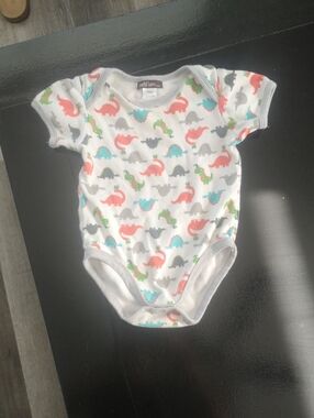 Petit Lem White One-Piece Bodysuit with Coral, Teal, Gray & Green Dinosaurs